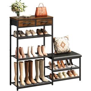 Shoe Rack for Entryway, 5-Tier Shoe Organizer Bench with Cushioned Seat and 2 Drawers, Metal Frame, Wood Top, Adjustable Feet, Holds 16-20 Pairs, Shoe Shelf Stand for Closet, Hallway, Front Door