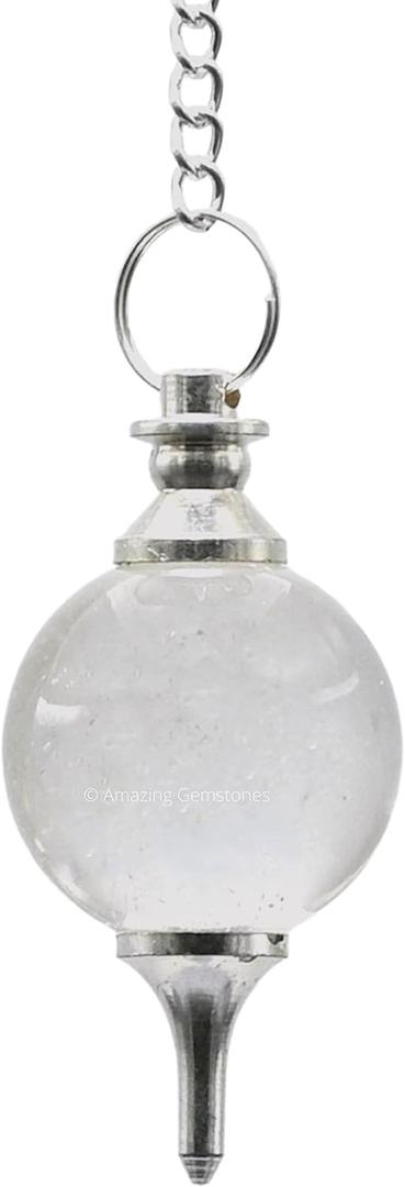Amazing Gemstone Clear Quartz Crystal Ball Pendulum for Divination - Dowsing Pendulum Necklace with Chain and Quartz Bead for Reiki Healing and Crystal Grid Meditation
