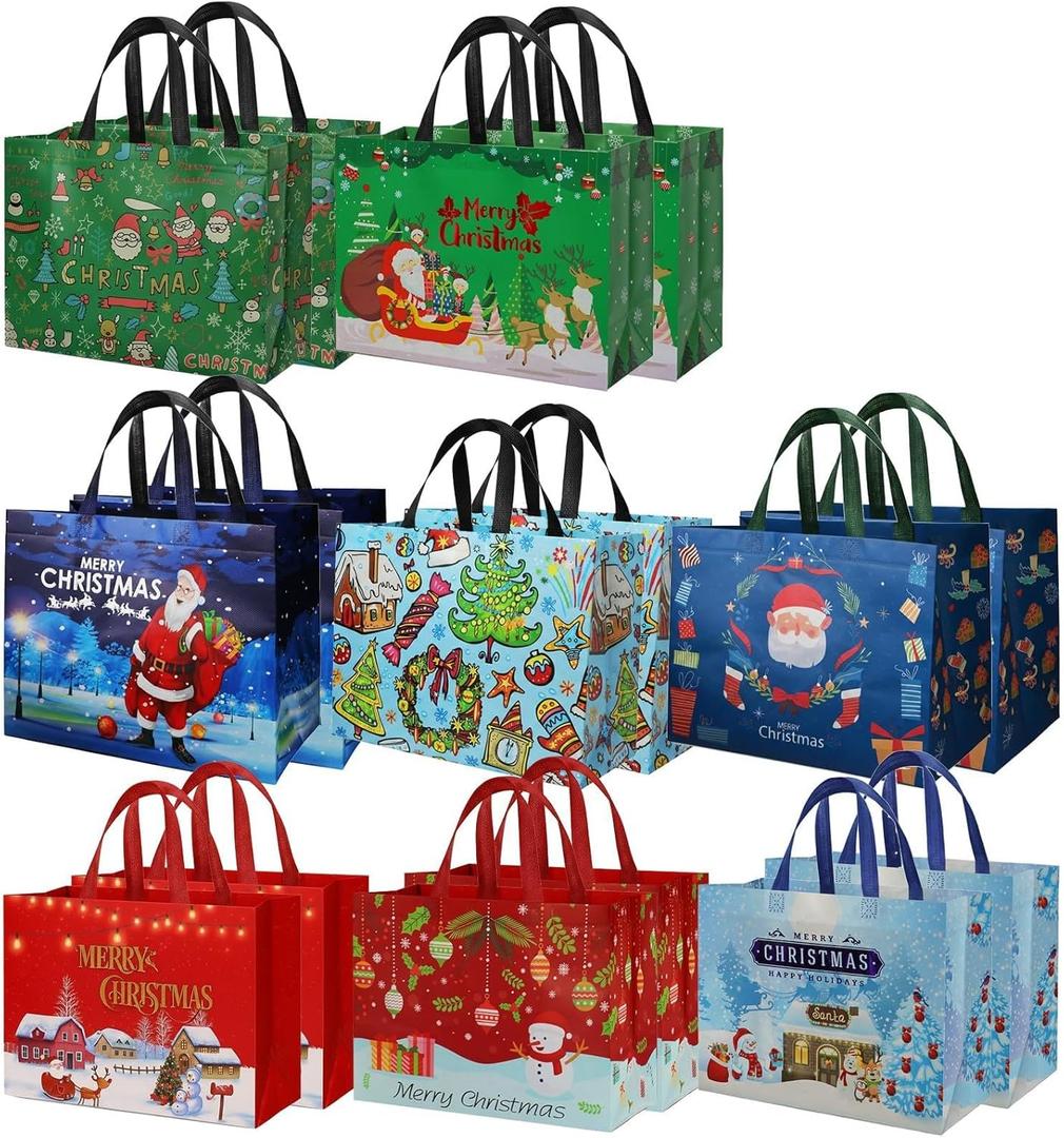 habgp 16 Pack Christmas Gift Bags, Reusable Gift Non-Woven Christmas Large Size Reusable Tote Bags with Handle, Gift Bags for Xmas Gifts Wrapping, Presents, Shopping, Party, Shopping