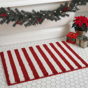 Dunzy Xmas Red and White Striped Bathroom Rug Chenille Bath Mat Candy Cane Area Rug Non Slip Microfiber Soft Washable Absorbent Floor Mat for Shower Bedroom Kitchen Decor(Red White,20 x 31.5 Inch)