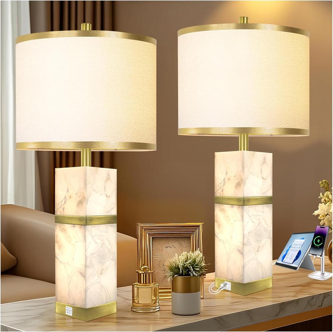 Natural Alabaster Table Lamps Set of 2 - Table Lamp with Night Light for Bedroom,Nightstand Lamps with USB Ports,Bedside Lamps with Linen Fabric Shade for Living Room,Bedroom,Office,Bar(Bulb Included) (Gold-3)