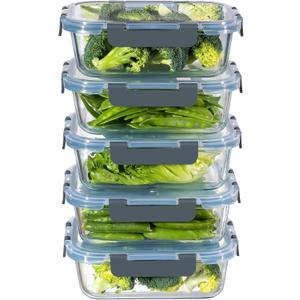 MFY 5-Pack 36 OZ Glass Storage Containers with Lids, Glass Meal Prep Containers Set, Airtight Lunch Containers with Lids, Microwave, Oven, Freezer and Dishwasher Safe, Gray (Grey)