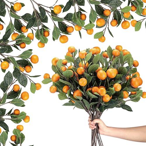 Daifunli 10 Pcs Artificial Tangerine Branches 25 Inch Realistic Faux Oranges Fruit with Green Leaves Simulation Orange Branch Decorative Kumquat Tangerine for Vase Home Party Decoration (6 Oranges)