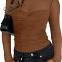 REORIA Women's Sexy Round Neck Long Sleeve Trendy Front Twist Knot Sheer Mesh Ruched Going Out Bodysuits Tops (Medium, Brown)
