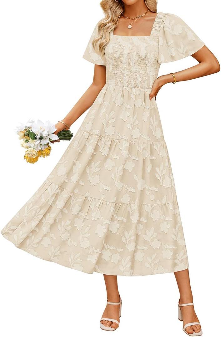 ZESICA Womens Summer Boho Floral Midi Dress 2026 Casual Short Sleeve Square Neck Flowy Beach Vacation Long Dress (Large, Apricot)