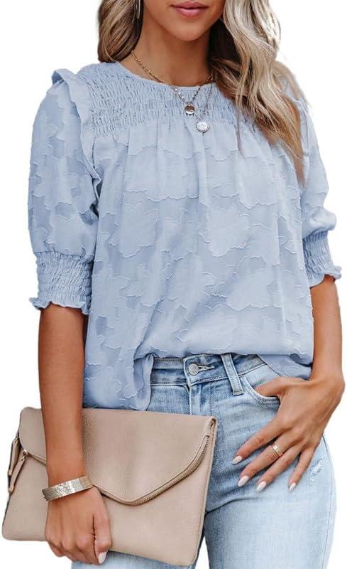 Dokotoo Womens Blouses Half Sleeve Shirred Tops Crewneck Lace Textured Flowy Casual Shirts (Large, Sky Blue)
