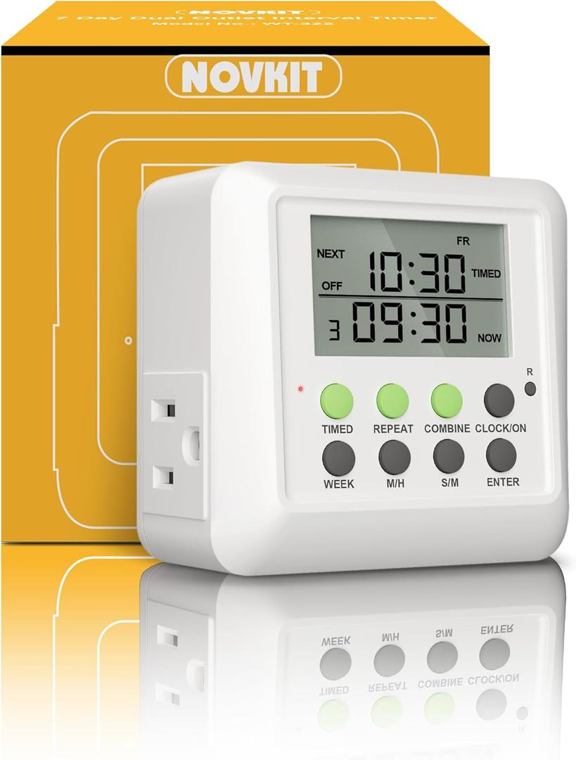 3-in-1 Dual Outlet Timer Plug with Interval Cycle for Indoor, 7 Day 24 Hour Programmable Digital Repeat Timer Switch (15A, 1875W)