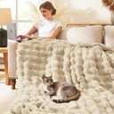 L'AGRATY Faux Rabbit Fur Blanket: 90" x 90" Queen Luxury Soft Fluffy Thick Fur Throw Blanket for Couch Bed Sofa - Cozy Plush Bubble Blankets for Winter: Flannel Fleece Decorative Blanket(Almond White)