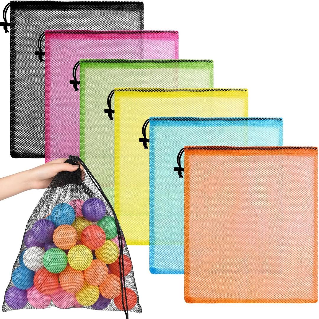 PLULON 6 Pcs Mesh Bag Drawstring Mesh Laundry Bags, 18 x 12 Inch Nylon Drawstring Bag for Pool Beach Ball Toys Storage Bag for Collecting Travel Sports Gym (Multicolor)