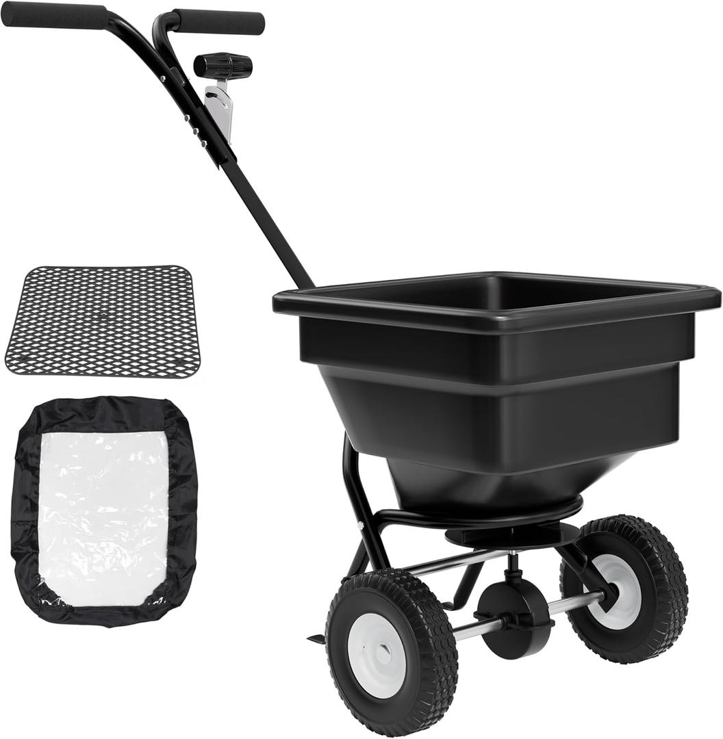 PPOLB Broadcast Spreader for Lawns, 100LB Fertilizer Spreader with 30-Level Flow Control, Walk Behind Lawn Seed & Salt Spreader, 0–10FT Coverage, Hopper Screen, Rain Cover, 12" Pneumatic Wheels