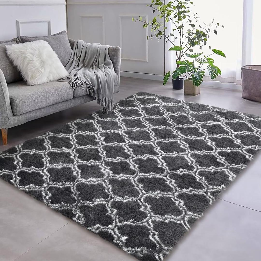 GAOMON Area Rug 7.5x9 Modern Indoor Plush Bedroom Rug Luxury Living Room Fluffy Rug Plush Shag Geometric Carpets for Girls Boys Kids Room Dorm Nursery Home Non-Skid Rug Dark Grey
