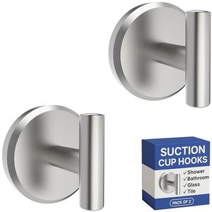 HOME SO Suction Cup Hooks T Shape (2 or 4 Pack) (Brushed Nickel, 2, Count)