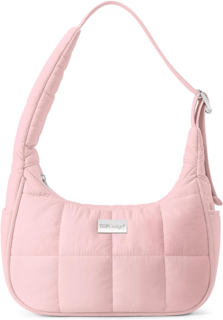 TOPDesign Puffer Shoulder Bag for Women, Ultra Lightweight Hobo Tote Handbag, Mini Clutch Purse with Zipper, Adjustable Strap (Baby Pink)
