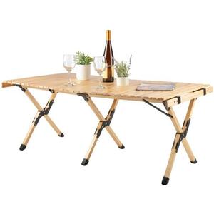 Foldable Camping Table - 4ft Roll-Up Portable Picnic Table with Carry Bag - Indoor/Outdoor Low Height Travel, Party, or Beach Table by Wakeman Outdoors (Natural Wood)