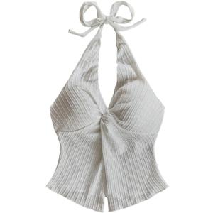 QJQ Women's Halter Tops Twist Front Slit Backless Cute Summer V Neck Tank Top Vacation Outfits (White, S)