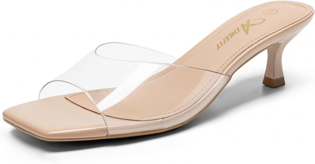 Athlefit Kitten Heels for Women Heeled Sandals Square Open Toe Low Heels Comfortable Slip On Slides, 38
