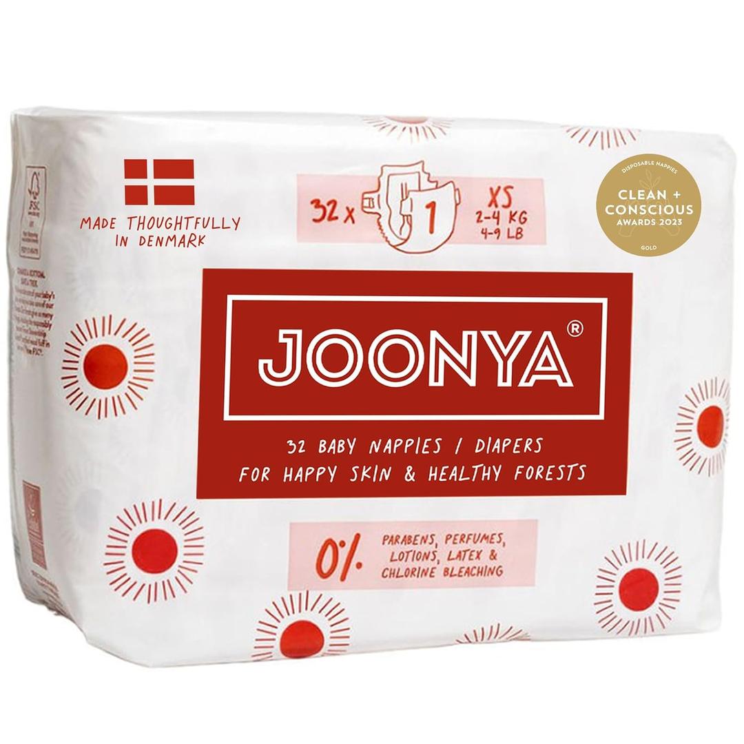 Joonya Baby Diapers, Size 1 XS (4-9 lb) - 1 Bag of 32 - Non Toxic, Eco-Friendly, High Absorbency, Overnight Use, Ultra Slim & Soft - Made in Denmark