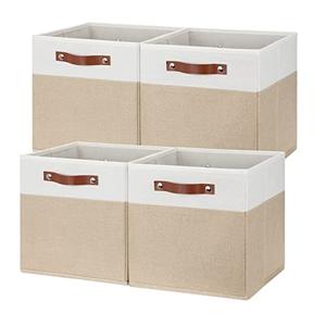 Temary Fabric Storage Cubes - 12 Inch Collapsible Bins (4Pack) - Empty Gift Baskets for Organizing Shelves, Closets, Nursery (White & Khaki)