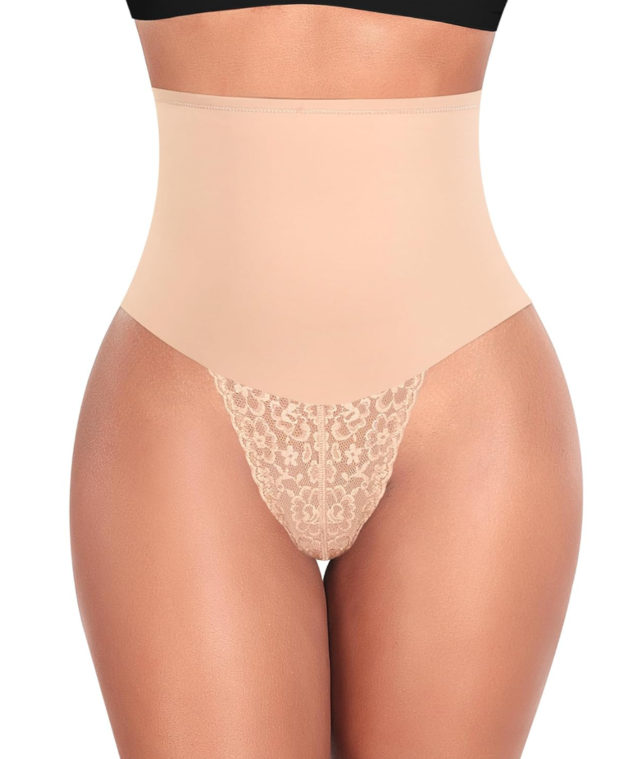 Werena Tummy Control Thong Shapewear for Women Mid High Waisted Body Shaper Underwear Lace Shaping Thong Girdle Panties M
