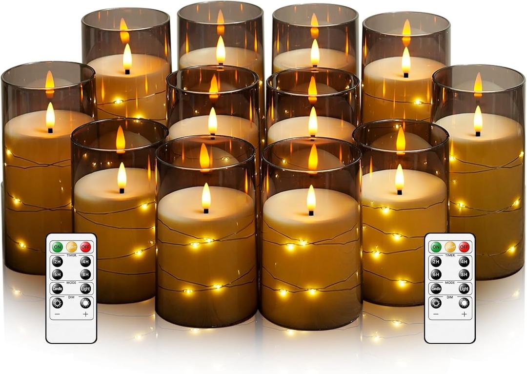 kakoya Flameless LED Candles with Timer 12 Pc Flickering Flameless Candles for Romantic Ambiance and Home Decoration Stable Acrylic Shell,with Embedded Star StringBattery Operated Candles(Grey)