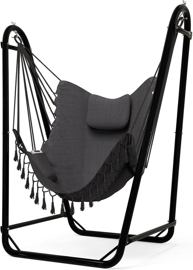 Unique U-Shaped Hammock Chair with Stand,Sturdy & Rust-Resistant,Free Gray Cotton Hammock Chair (Grey)