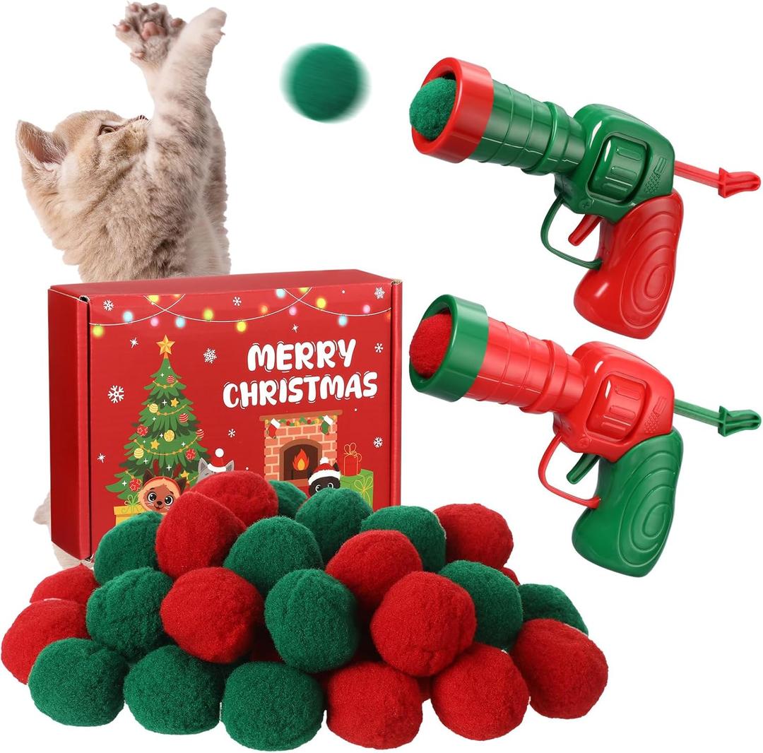 Shiny Relief 102 Pcs Cat Ball Launcher with 100 Plush Cat Balls and 2 Launchers, Christmas Interactive Supplies for Bored Indoor Adult Fetch Favors Kitten Supplies for Training(Red and Green)