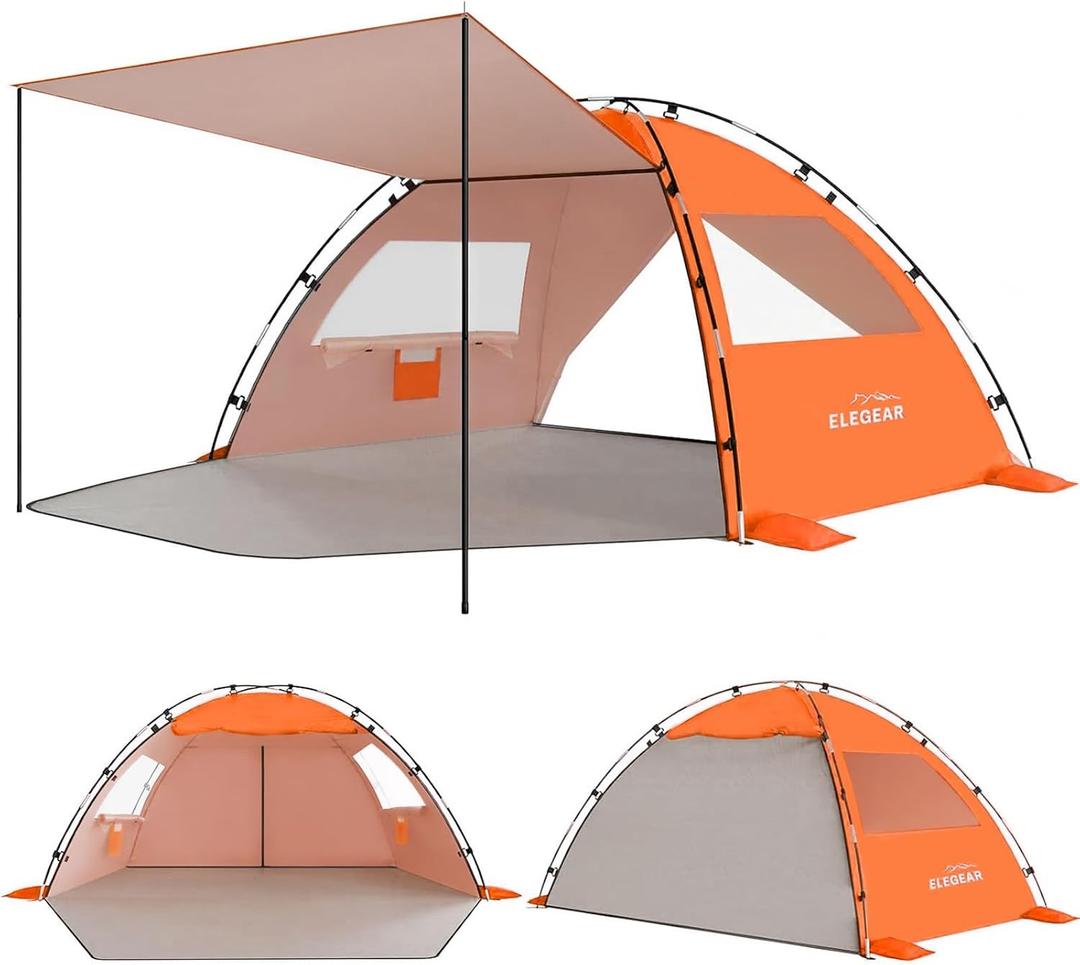 Elegear CumbreX Beach Tent Sun Shelter with Canopy, 4-5 Person Pop Up Beach Tent, Easy Setup UPF 50+ UV Protection Portable Lightweight Double Silver Coating Beach Cabana Sun Shade Shelter - Orange