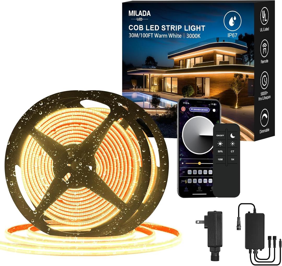 100FT COB LED Strip Lights Outdoor Waterproof, 30M Flexible 24V, Remote & App Control, Dimmable,3000K Warm White Led Tap Lighting For Garden Patio, Kitchen, Under Cabinet, Living Room Decor (2 Rolls)