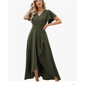 Long Black Formal Dresses for Women Gowns Evening Party Cocktail Dress,Split Elegant V Neck Wrap Ruffle Wedding Guest Dresses Size XL