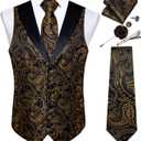 DiBanGu Mens Paisley Suit Vest Silk Jacquard Waistcoat and Necktie Set Formal Shawl Collar Dress Vest 7PCS for Wedding Party (XX-Large, Black and Gold)