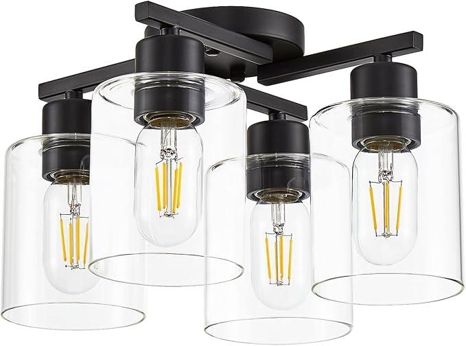 DIDUIO 4Light Semi Flush Mount Ceiling Light, Black and Gold Kitchen Lighting Fixtures Ceiling, Farmhouse Ceiling Light with Clear Glass Shade for Hallway, Living Room, Foyer, Bedroom