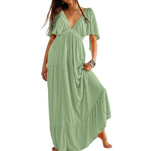 Kikibell Women Summer Dresses Sexy V-Neck Maxi Dress Tiered Silhouette with Flutter Sleeve Backless Elastic Waist Flowy Dress (Green) XL