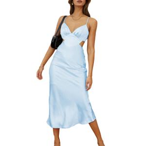 Satin Slip Backless Midi Dress for Wedding Guest Silk V Neck Cut Out Tie Back Long Dresses for Women 2023 White