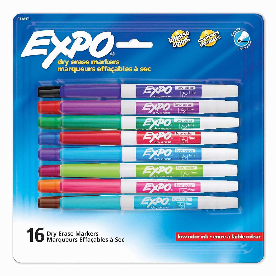 EXPO Dry Erase Markers, Whiteboard Markers with Low Odor Ink, Fine Tip, Assorted Vibrant Colors, 16 Count
