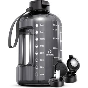 AQUAFIT 1 Gallon Water Bottle with Time Marker - Straw & Chug Lid - BPA Free Gym Water Bottle with Straw - Big Gallon Jug (Gray, 128 oz - 2 Lids)