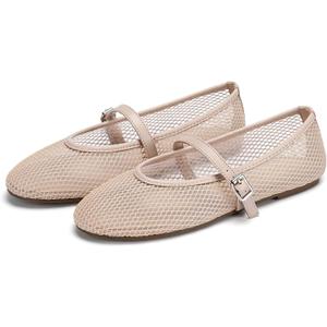 DOBOLIN Mesh Ballet Flats for Women Fishnet Mary Jane Shoes 2025 Summer Trendy Sexy Dressy Round Toe Buckle Strap Ballerina Flat Nude, Size 8.5