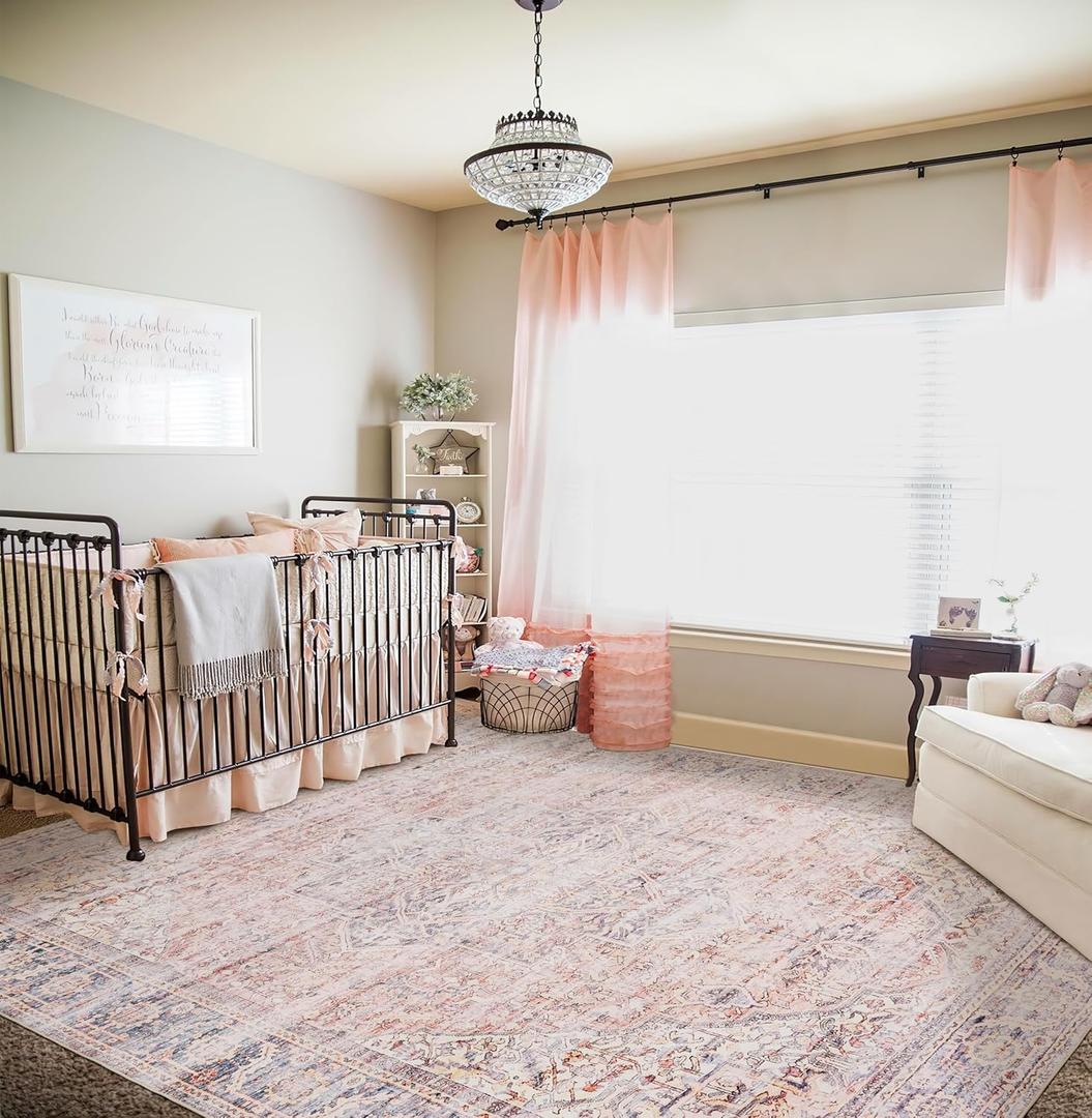 Boho Area Rugs for Living Room 9x12 Washable Area Rug Pink Carpet for Bedroom Nursery Non Slip Water Repellent Vintage Floral Floor Covering