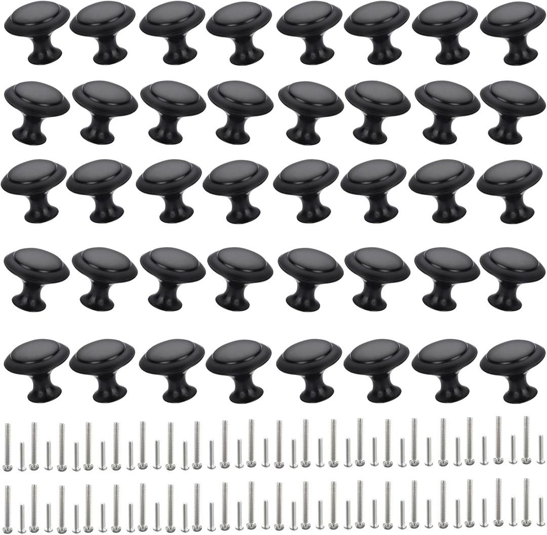 40 Pieces Cabinet Knobs, Kitchen Cabinet Handles, Drawer Pulls with Screw, Matte Black, Solid Zinc Alloy, 1-1/6 Inch (30mm) Diameter, Round Cabinet Hardware for Dresser Door, Cupboard