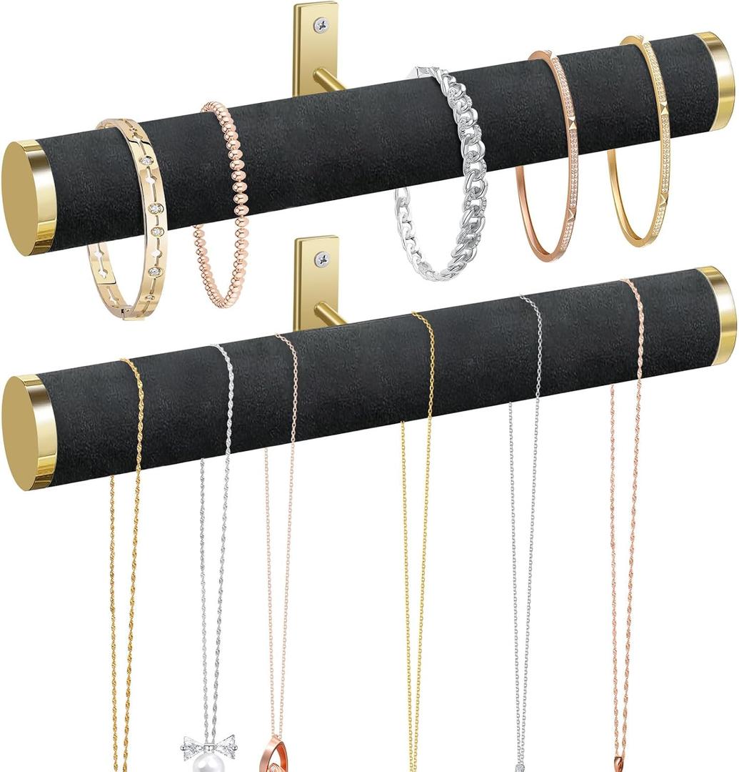 Velvet Necklace Holder Wall Jewelry Organizer, 12" Hanging Necklace Organizer, 2 Pack Wall Mounted Necklace Hanger for Bracelets Bangles Display,Black