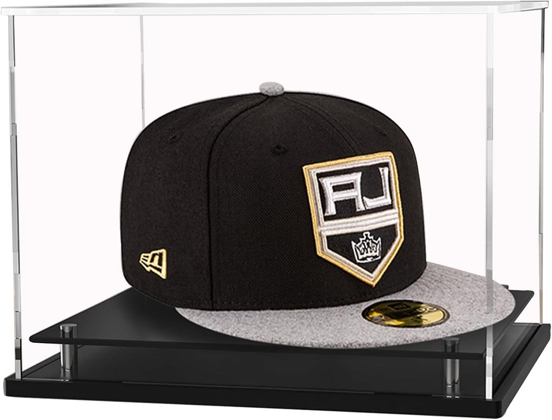 WANLIAN Clear Hat Display Case,Self-Assembly Acrylic Baseball Cap Holder Stand with Stainless Steel Risers, Perfect for Sports Caps & Mini Helmets (Assembly Required) (8.6x7.9x7 inch)