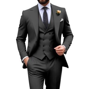 Mens Suit Slim Fit 3 Piece Double Breasted Suit Men Formal Tuxedo Set Casual Wedding Prom Groom Suits (Large, Dark Grey)