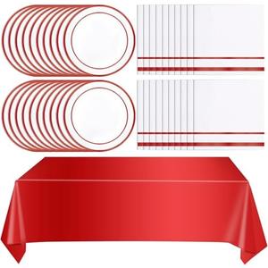 Pack Of 2 Ryzovo 49PCS Red Party Supplies,Red Disposable Tableware Includes 24 Plates,24 Napkins and 1 Tablecloth for Cake Salad Pizza, Dinnerware Decoration for Anniversaries Graduation Birthday Wedding Party