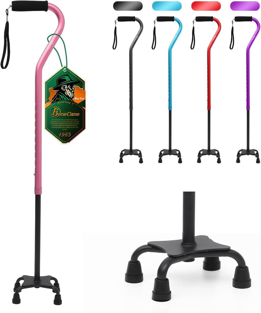 BeneCane Quad Cane Adjustable Walking Cane with Offset Soft Cushioned Handle for Men & Women Lightweight Comfortable with 4-Pronged feet for Extra Stability (pink)