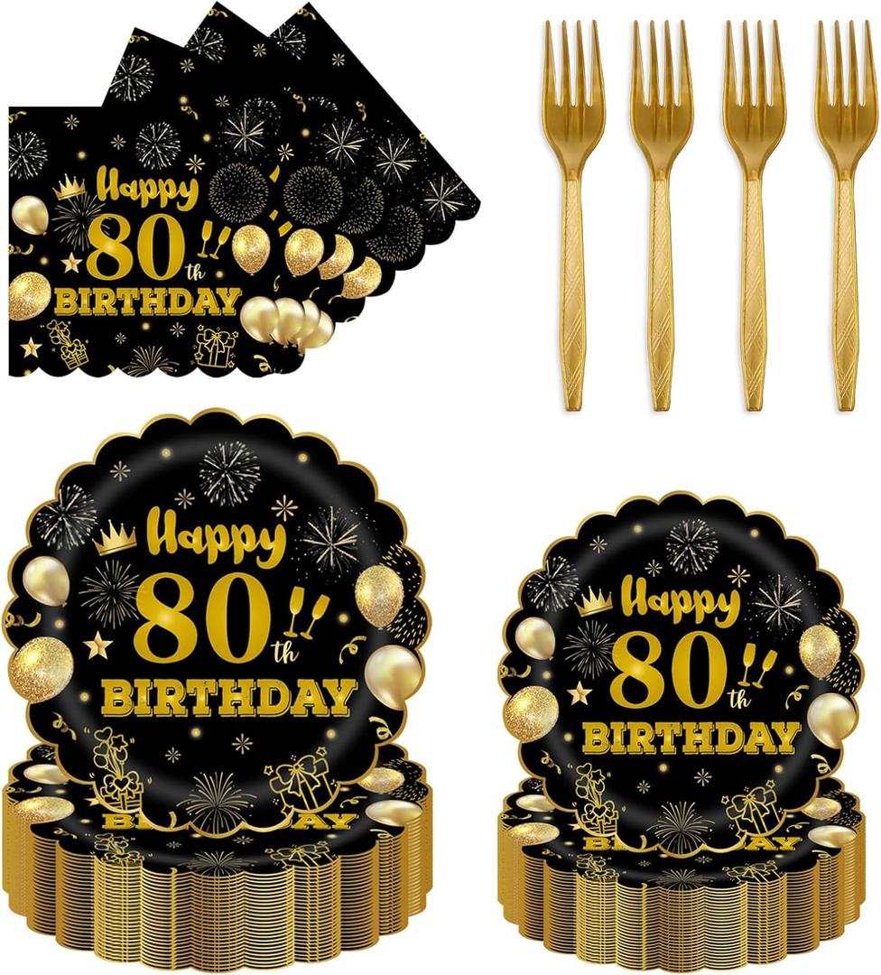 96Pcs 80th Birthday Party Tableware Set,Back in 1965 Birthday Party Decorations Supplies, Disposable Black and Gold 80th Birthdays Paper Plates Napkins Forks Favors for Men Women, Serve 24