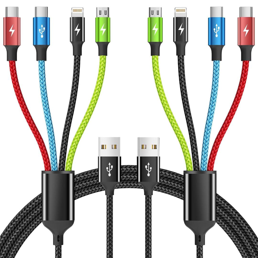 Cruise Essentials 2026 4 in 1 Multi Charging Cable [2Pack 5FT], Tangle Free USB C Car Charger Cable Nylon Braided with 2 USB-C/IP/Micro, Travel Charging Cords for iPhone Android iPad and More
