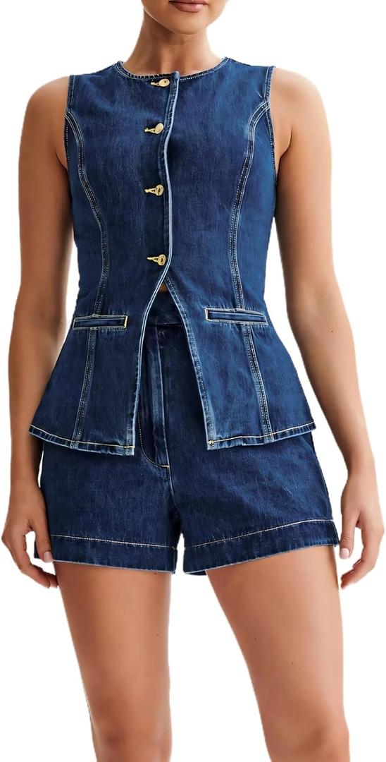 Womens Denim 2 Piece Set Sleeveless Button Down Vest Tops Short Pants Suit Sets (Medium, Blue)