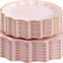 Rubtlamp 60Pcs Pink Plastic Plates - Pink Scalloped Plates with Gold Trim - 30 Dinner & 30 Dessert Platos, Heavy-duty Gold Plates for Party, Wedding&Mothers Day (30 Guests)