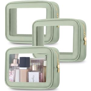 Abbylike 3 Pcs Clear Makeup Bags Car Cosmetic Bag with Zipper Nylon PVC Travel Toiletry Pouches Sets for Women New Years Gifts, Valentine's Day Wedding Gift for Her(Green)