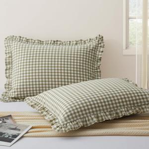 KKJIAF 2 Pcs Plaid Ruffle Pillow Case Queen Size, Cotton Gingham Ruffled Euro Sham Pillow Covers 20x30 Inch, Linen Feel Plaid Bed Pillow Shams with Envelope Closure for Sofa Bed (Sage Green Plaid)