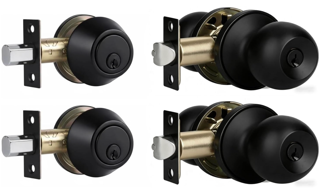 Exterior Door Lock Set with Deadbolt, Single Cylinder Deadbolt Lock and Door Knob Set, Keyed Alike Door Locks for Front Door,Matte Black Door Knob and Deadbolt Set(2Pack Set)